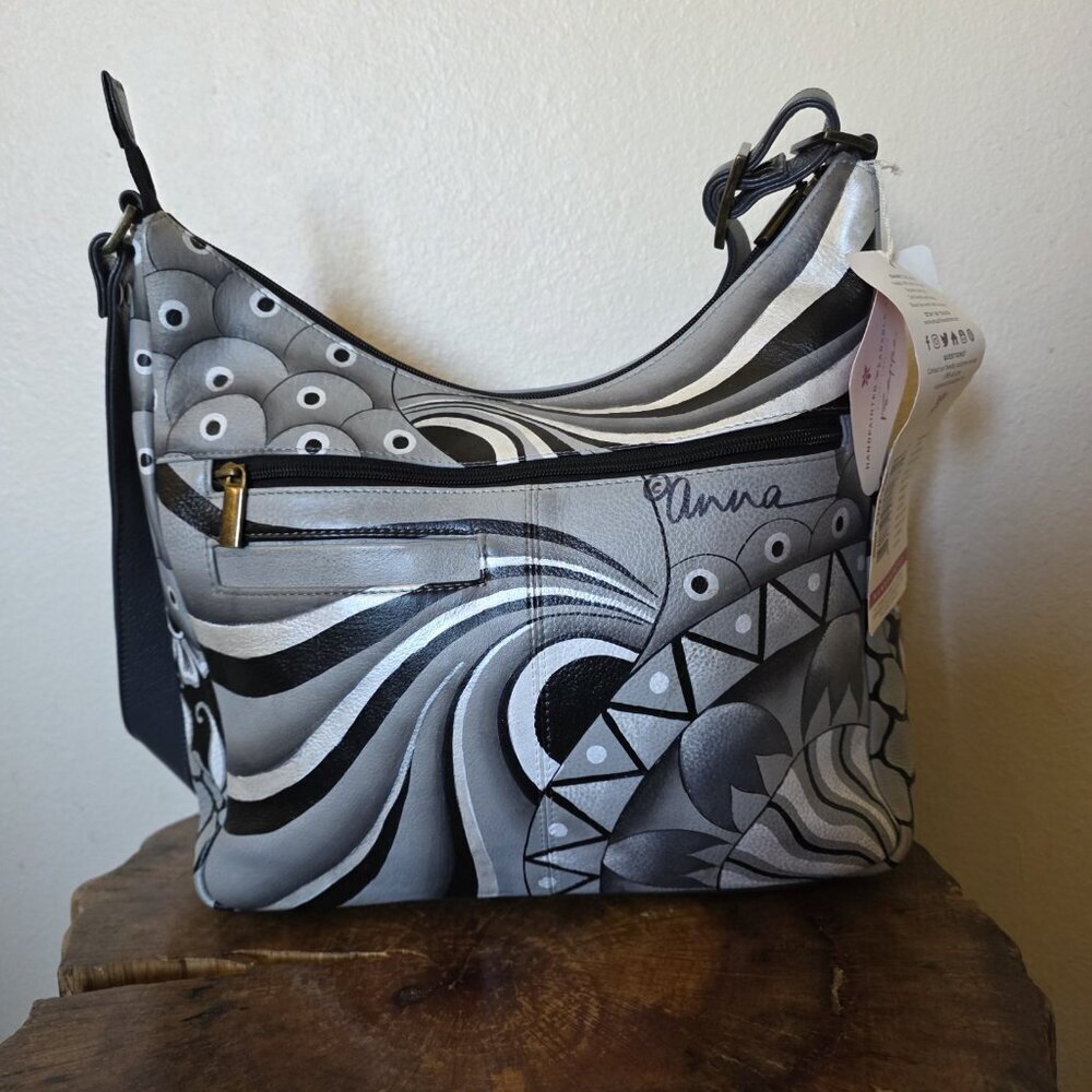 Anuschka Hand Painted Leather Hobo Bag Pewter Floral Patchwork Art NWT - Picture 13 of 16